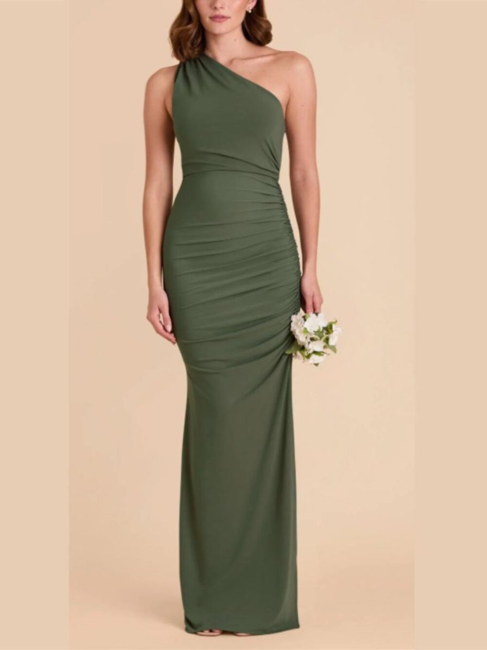 Birdy Grey Claudia Dress Luxe Stretch Knit Olive green 1 shoulder maxi gown NEW